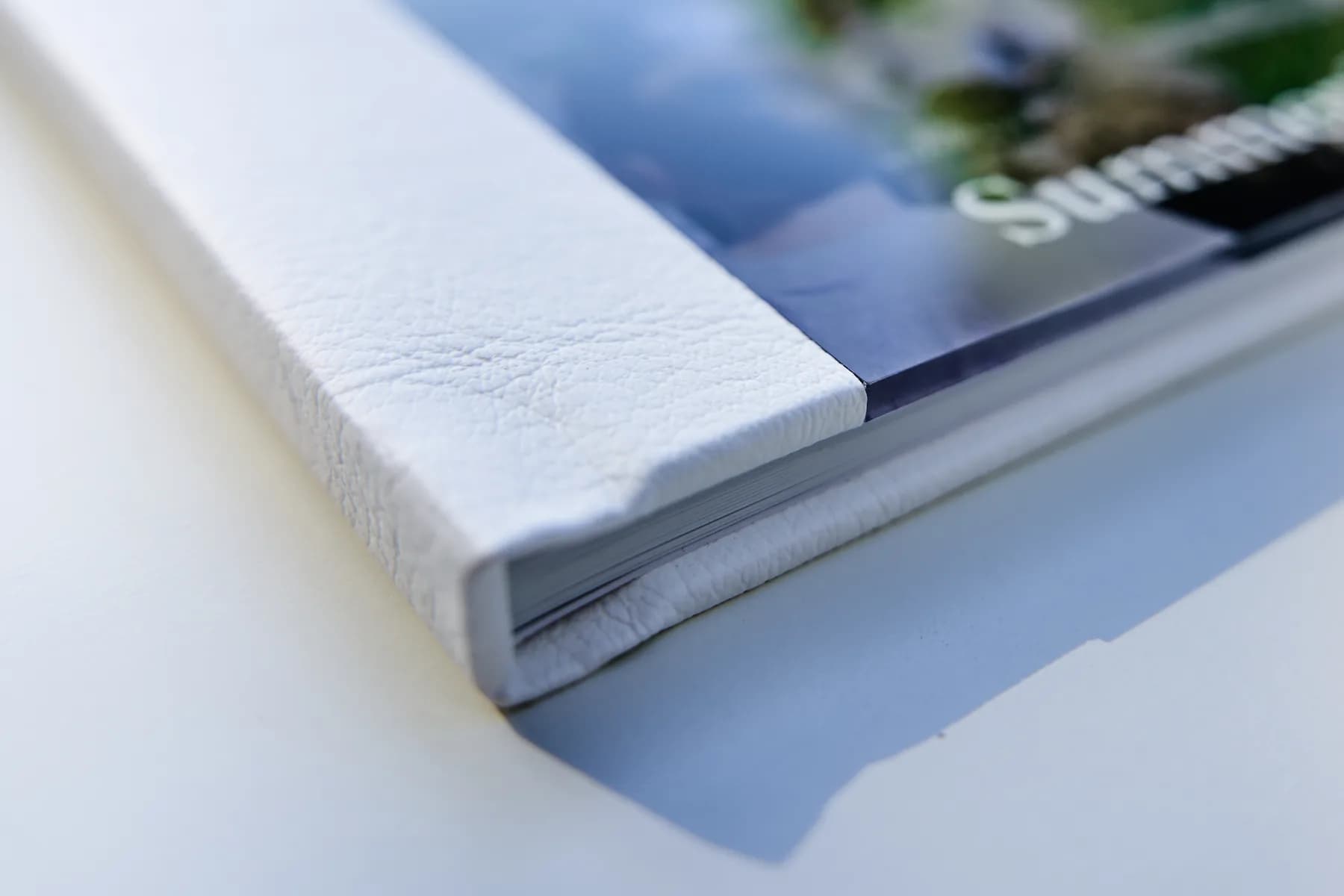 The spine corner of a MakeAlbum book: white leatherette, the page block, the edge of the acrylic plate